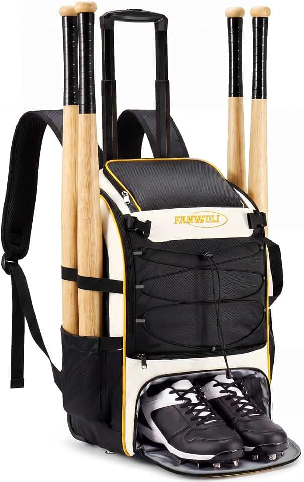 Fanwoli Rolling Baseball Backpack for Youth, 4-Bat Storage & Shoe Zone