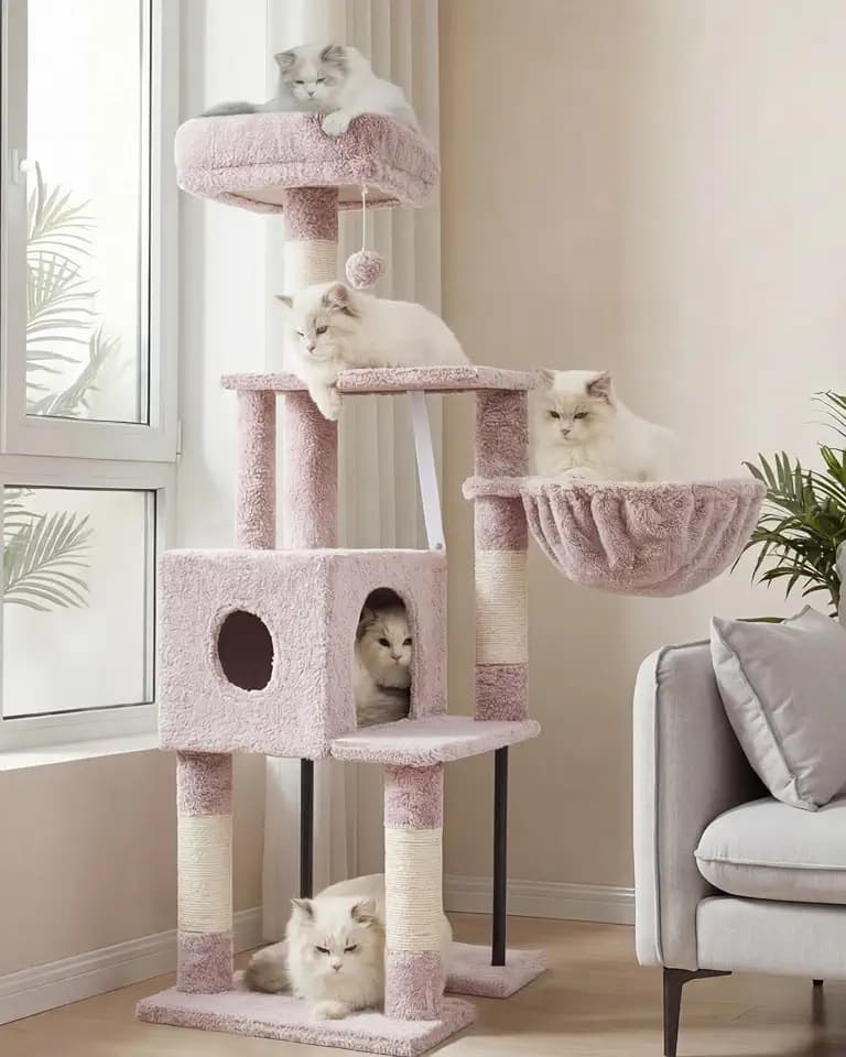 Heybly Kratzbaum, 125 cm Kleiner Katzenbaum, Geräumiges und Bequemes Kratzbaum mit Höhle, Oben Sitzstange, Sprungplattform, Kratzsäule, Korb, Stabile Metallrohre, Braun-beige HCT200SMU-