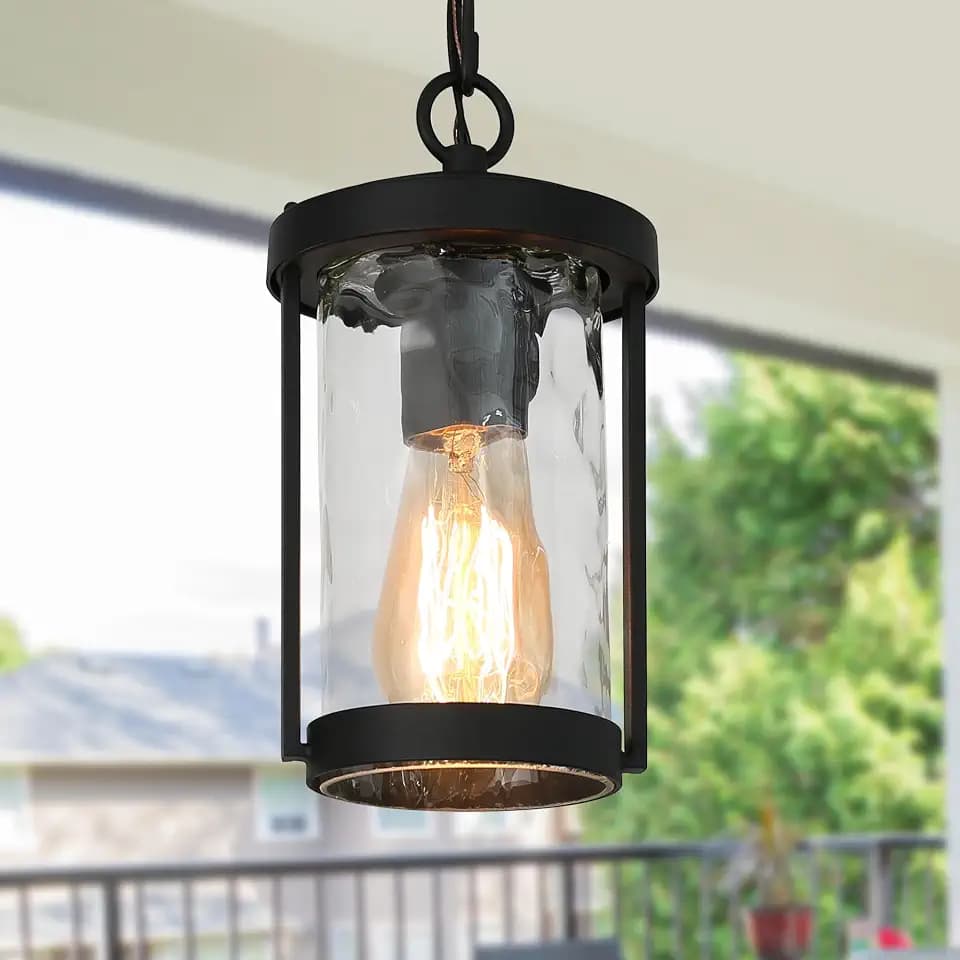 KSANA Outdoor Pendant Lights, Black Exterior Hanging Light for Porch with Textured Glass, Modern Farmhouse Outside Ceiling Lights for Front Door, Patio and Gazebo