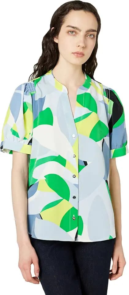 Karl Lagerfeld Women's Everyday Collared Essential Printed Buttom Down