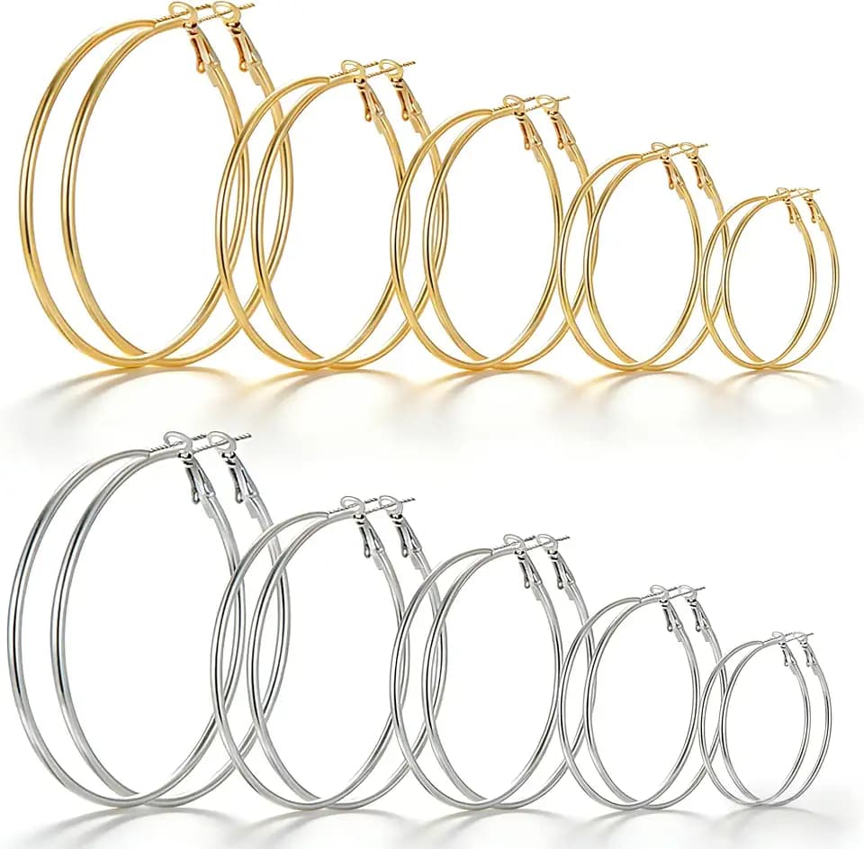 10 Pairs Gold Silver Hoop Earrings for Women | 14K Gold Plated Hoop Dainty Earrings | Stainless Steel Hypoallergenic Earring | Large Lightweight Dangle Earrings Set Jewelry