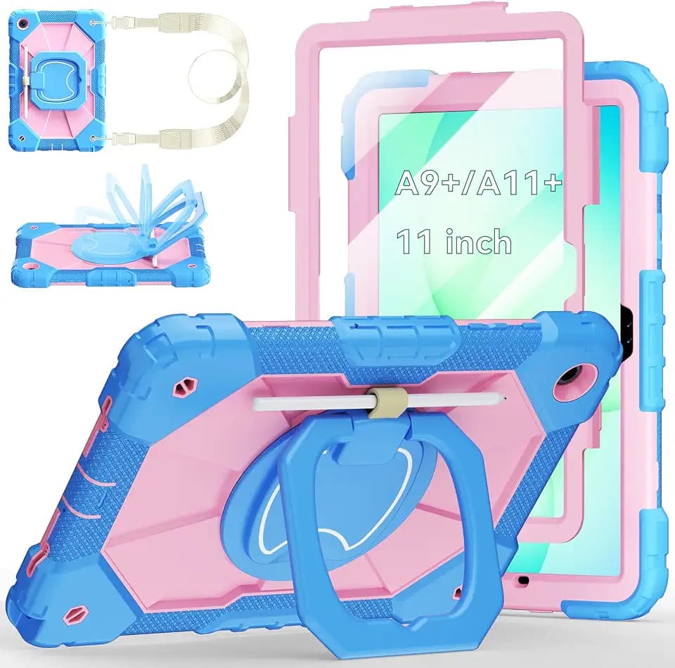 Case for Samsung Galaxy Tab A11+ Plus/A9+ 11 Inch 2025/2023,Ubearkk Case for Samsung Galaxy A9 Plus/A11+ Tablet case with Screen Protector 360 Rotating Stand Shoulder Strap Pen Holder, Blue Pink