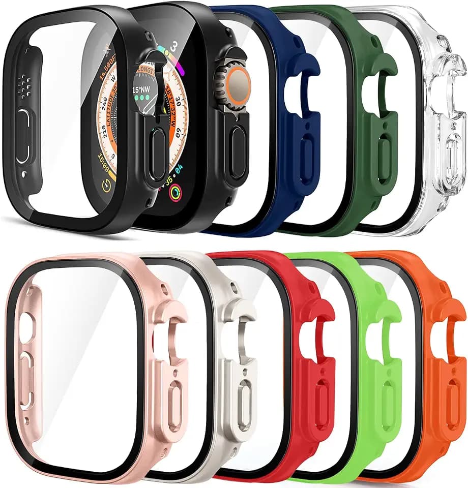 Pocoukate Schutzhülle mit Displayschutz kompatibel mit Apple Watch Ultra, Ultra 2/3 49 MM, Hartes PC-Material Schutz Hülle Case mit Glas Schutzfolie für iWatch Ultra, Ultra 2, Ultra 3 49MM 9 Stück