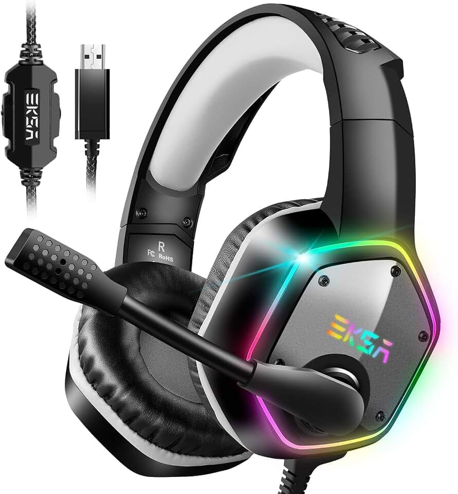 EKSA E1000 USB PC Gaming Headset mit Mikrofon, Gamer Headset mit Bass Surround Sound, RGB Beleuchtung, Gaming Kopfhörer mit Mic für PS4/PS5 Konsole/Computer/Laptop