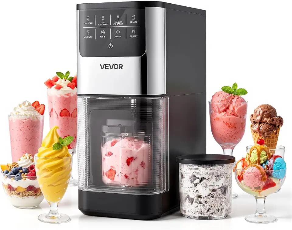 VEVOR Eismaschine, 7-in-1-Gerät für Gelato, Sorbet, Milchshake, Frozen Yogurt & Light-Eiscreme, Hausgemachte Eismaschine mit Ein-Knopf-Funktion zum Einrühren und Nachdrehen, Glatte Cremige Textur