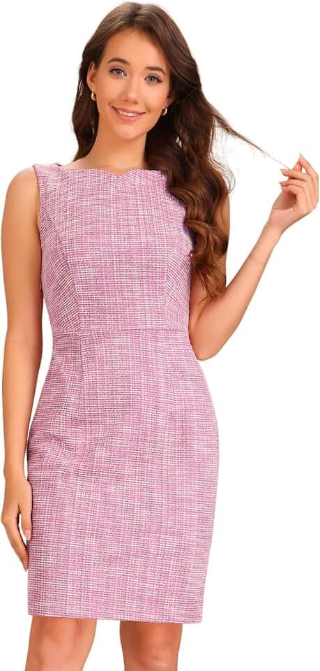 Allegra K Tweed-Kleid für Damen, Business, U-Boot-Ausschnitt, ärmellos, kariert, Etuikleider