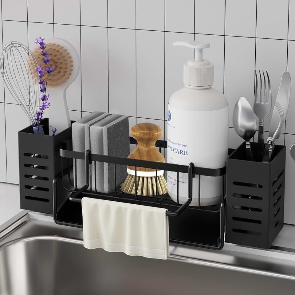 Spülbecken Organizer, Ablaufbarer Abtropfschale, Edelstahl,Schmal | Küchen Organizer Spüle Schwarz, Spüle Organizer Platzsparend,Handtuchhalter,Aufbewahrungsbox Spülbürsten,Für Küche Badezimmer