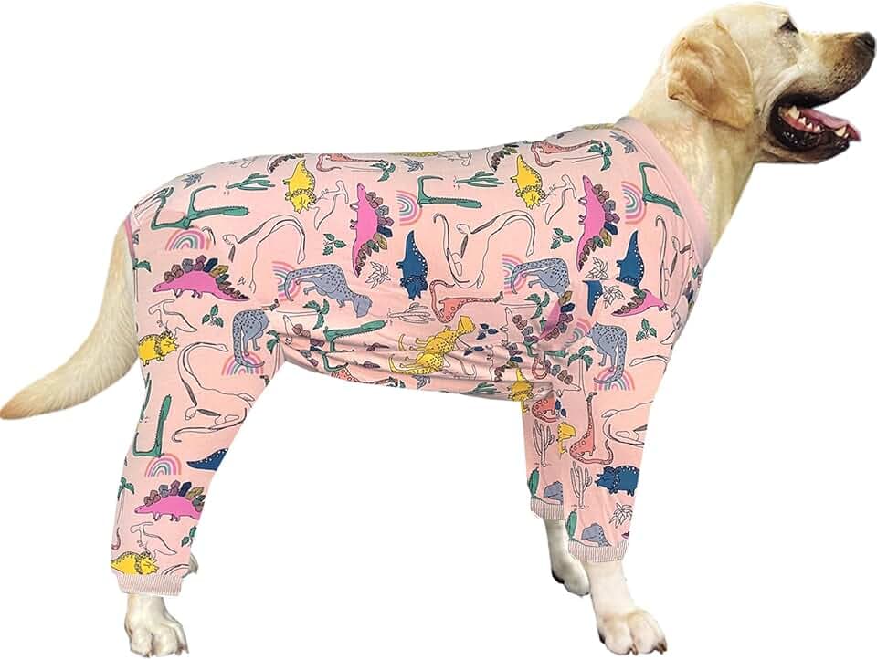 Dogs Cotton Pajamas with Colorful Dinosaur Pattern Onesie Jumpsuit for Large Dog Full Coverage Sleeper Pets Shirts pjs(3XL，Pink Dinosaur)
