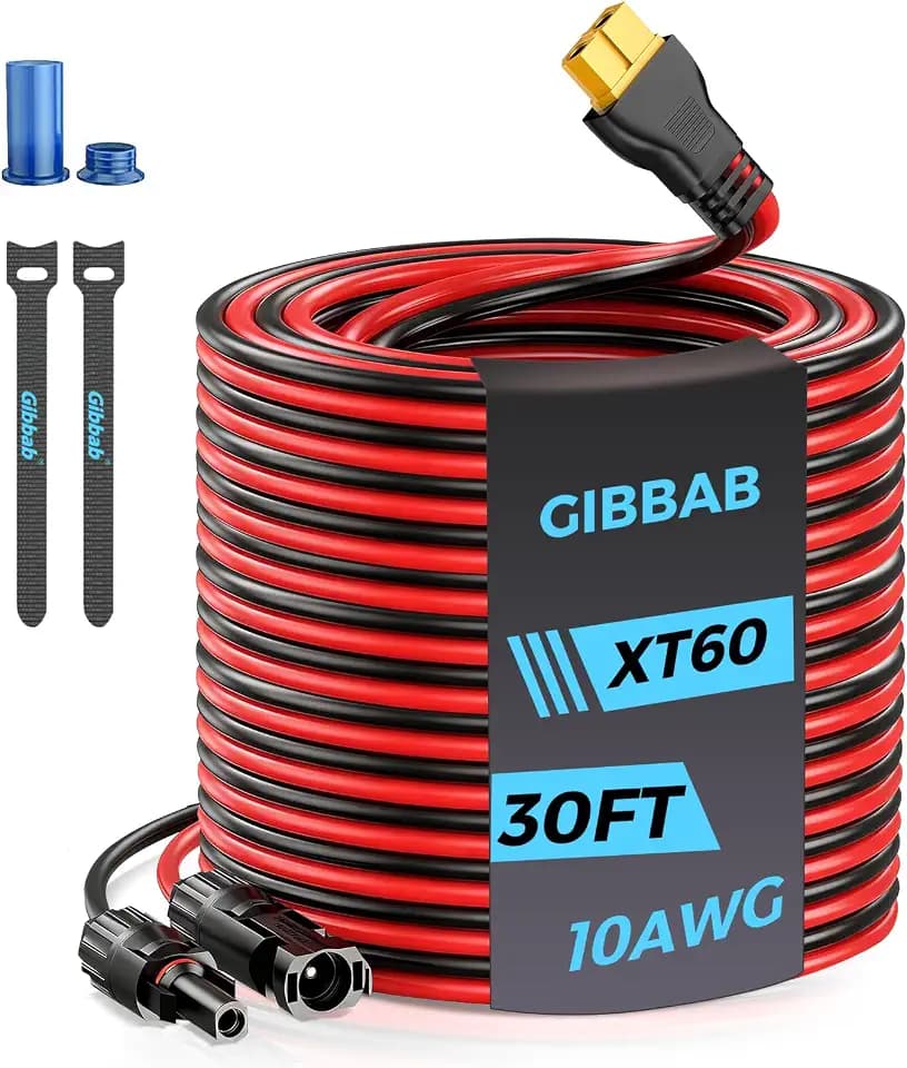 30FT 10AWG XT60 Solar Charging Cable, GIBBAB Solar Panel Connector to XT60 Extension Charge Adapter Cable with Caps & Wire Ties for LiFePO4 Battery RV Portable Power Station Generator
