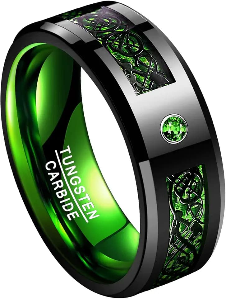 8mm Mens Tungsten Wedding Bands with Celtic Dragon, Black, Size 6-16