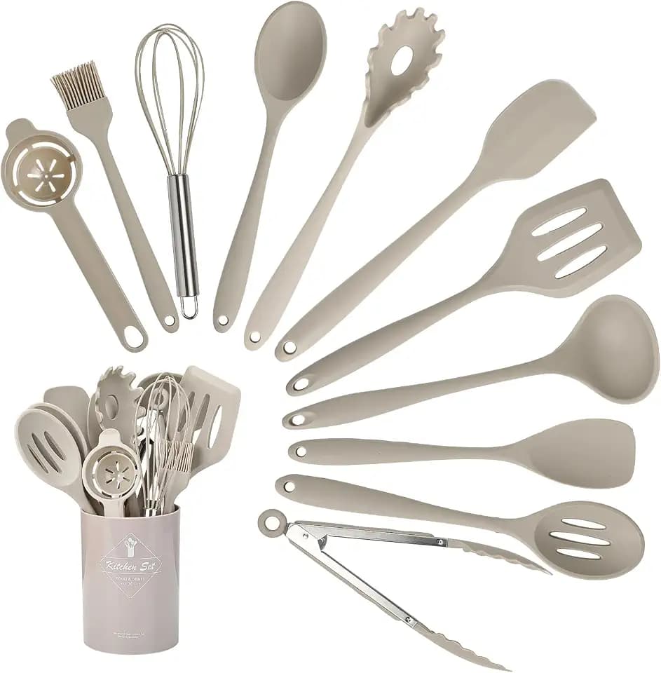 VINATO 12-teiliges Küchenhelfer Set aus Lebensmittelechtem Silikon & Edelstahl, inklusive Aufbewahrungseimer, Küchenutensilien, für Backen und Braten, Khaki