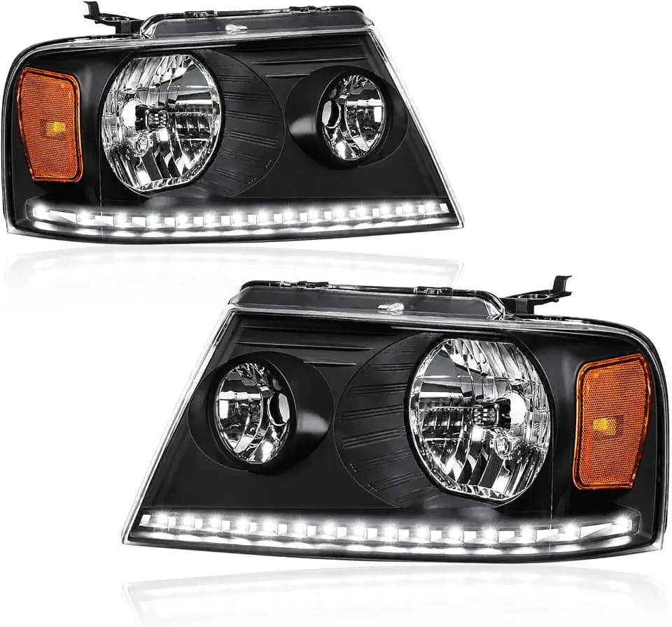 Headlights for 2004-2008 Ford F150 / 2006-2008 Lincoln Mark LT Pair Front Lights w/LED Running LIghts Replacement Headlamps Black Housing Amber Reflector