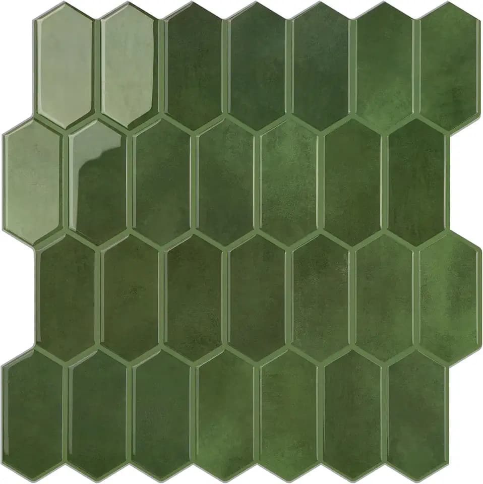 Lange Sechseckige Fliesen für Küche, Dickere Wandfliesen, zum Abziehen und Aufkleben, 10 Blatt, Selbstklebende 3D-Wandfliesen, Grün, 30,5 x 30,5 cm, Fliesenaufkleber für Küche und Badezimmer