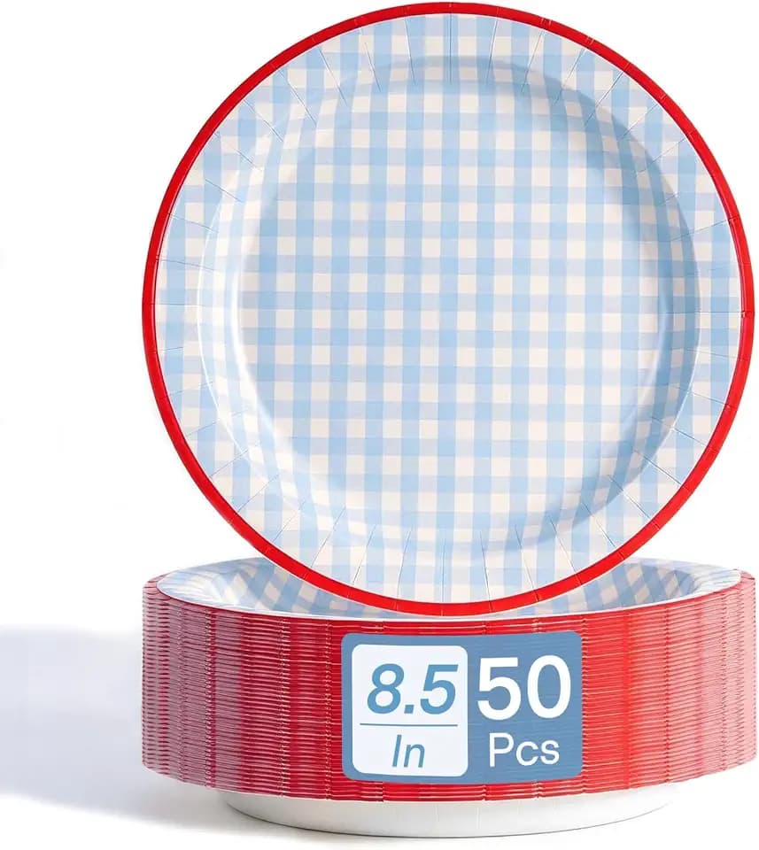 50 Pcs Paper Plates, 8.5 Inch Blue Gingham Plate, Disposable Checkered Plaid Gingham Paper Plates for BBQ Picnic Baby Shower Birthday Wedding Party Supplies (Blue)