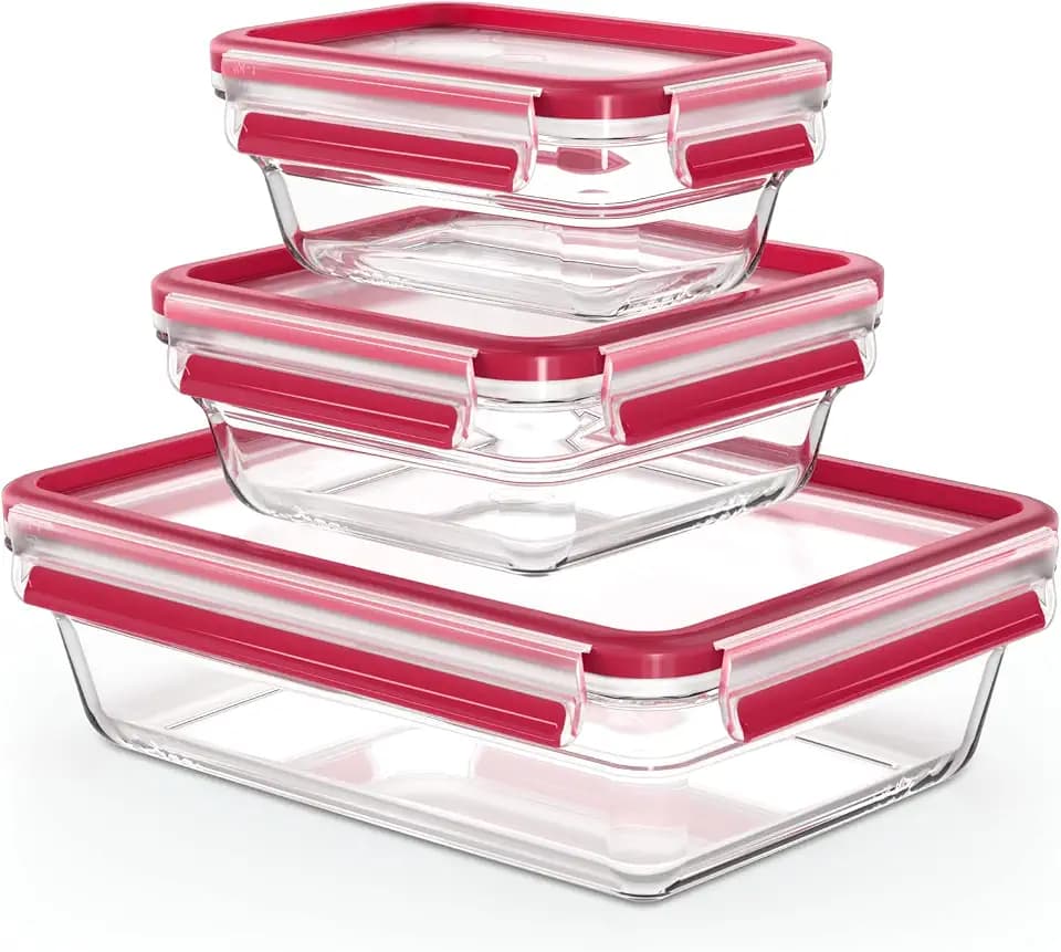 EMSA Clip & Close Glas Frischhaltedosen-Set, rechteckig, 0,45 u. 0,8 u. 2 L, 100 Prozent dicht, Glasbehälter spülmaschinen-, gefrier-, backofen-, mikrowellenfest, Rot, Transparent, N10509