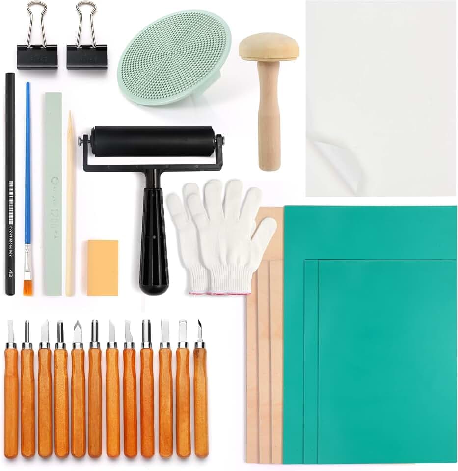 31 Stück Linoldruck Set Linolschnitt Set Werkzeug Linoleum Schnitzset Blockdruck Starter Kit mit linoleum Platten, Pauspapieren, Mischblock für Stempel Selber Machen Schnitzen, Druckgrafik,Kunstposter
