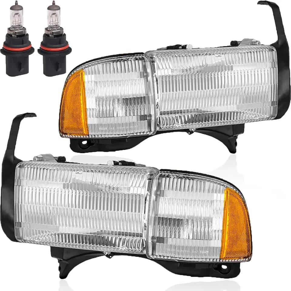 Headlights & Corner Lights Assembly with Bulbs for 1994-2001 Dodge Ram 1500,94-02 Dodge Ram 2500 3500 (Non-Sport Models) Headlamps Replacement Driver and Passenger Side,Chrome Housing Amber Reflector