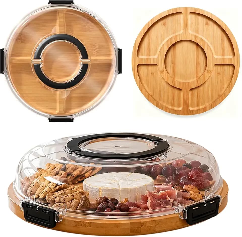 Käseplatte mit Deckel, 30CM Servierplatte Bambus Charcuterie Board, Rund Käseplatte für Snack & Antipasti, Picknick, 30 x 30 x 6,5 cm