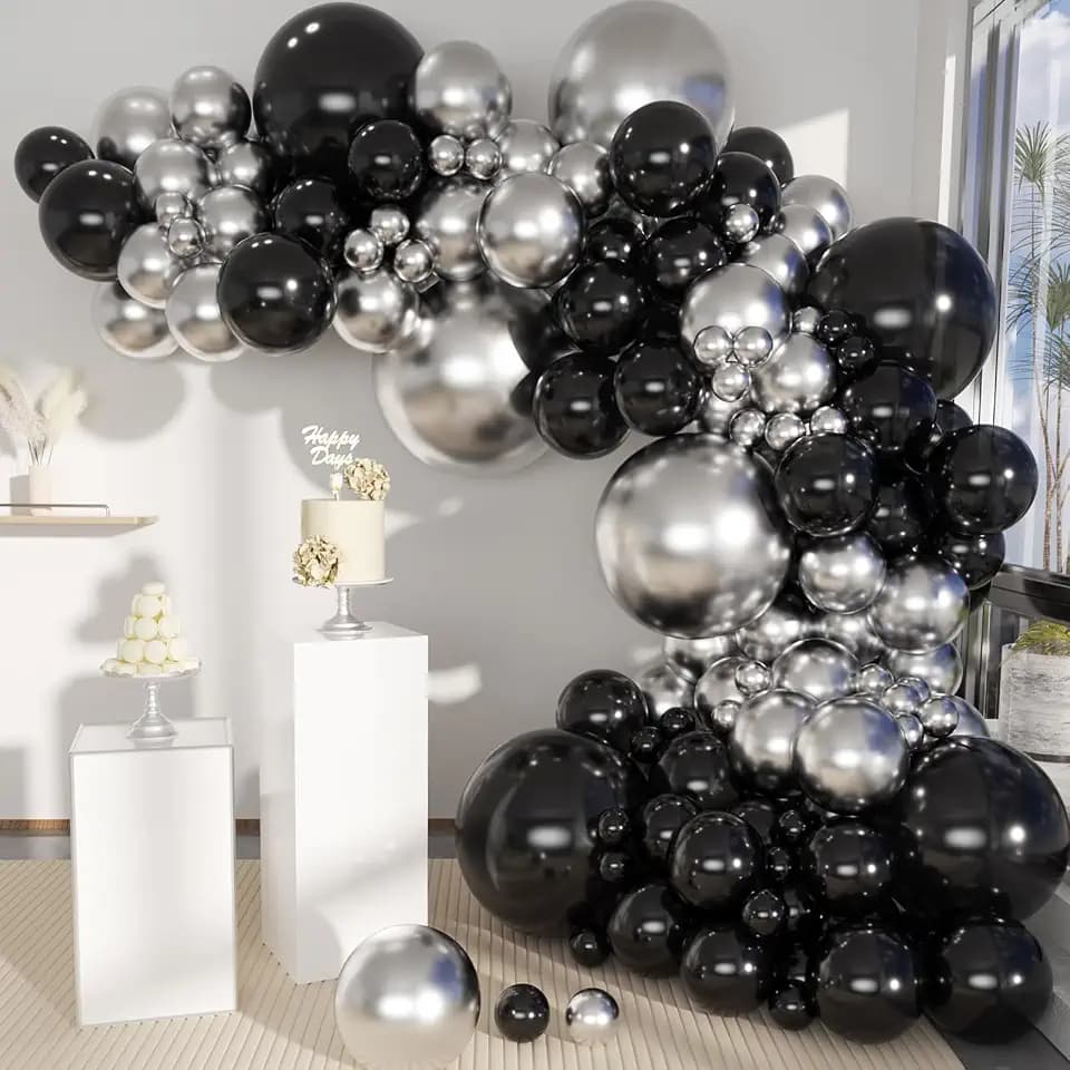 Black and Silver Balloons Garland Arch Kit, 135 Pcs Latex Balloon Different Sizes for Graduation Birthday Anniversary New Year Party Decors
