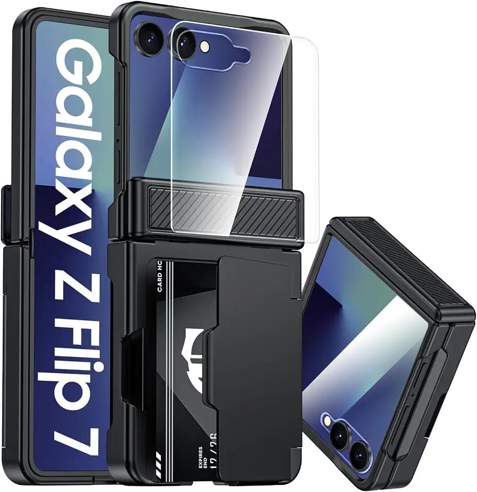 CENMASO for Samsung Galaxy Z Flip 7 Case with Card Holder [RFID Blocking] & Hinge Protection & HD Screen Protector, Rugged Anti-Scratch Full-Body Shockproof Phone Case for Z Flip 7-Black