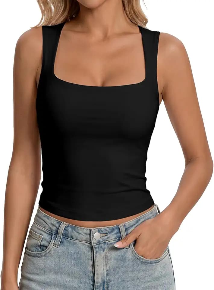 LanGui Womens Double Lined Sleeveless Tank Tops - Square Neck Crop Top Soft Basic Camisole Fitted Shirts for Summer Going Out