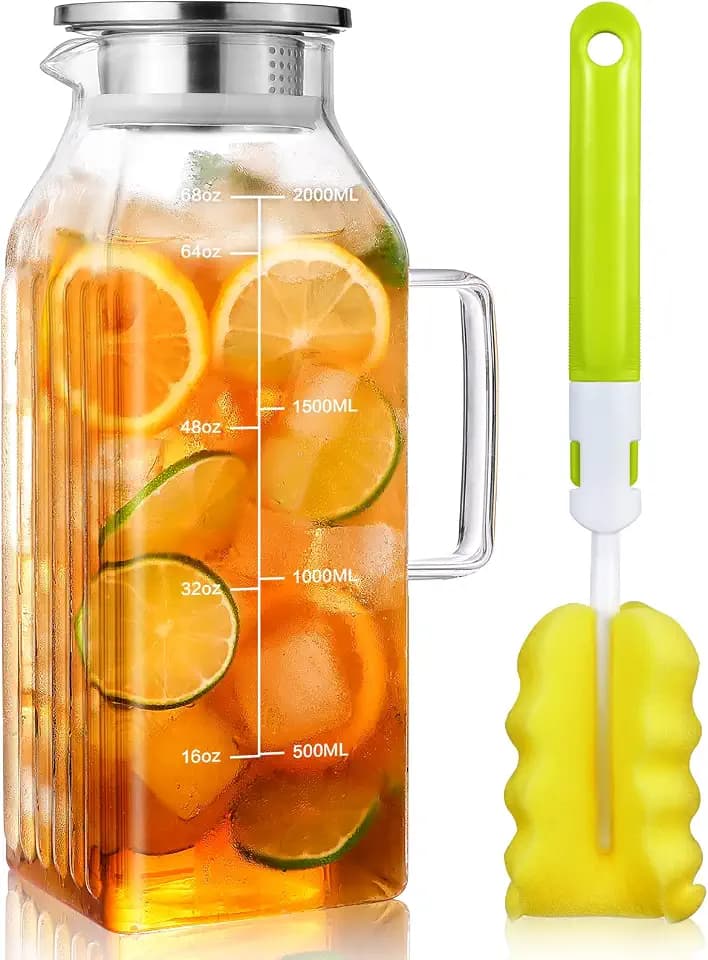 Aofmee 2 Liter Glas Karaffe Krug mit Deckel und Auslauf, 68 Unzen Glaskaraffe, Wasserkaraffe, Eistee Krug, Saft Krug, quadratischer Wasserkrug - Spülmaschinenfest
