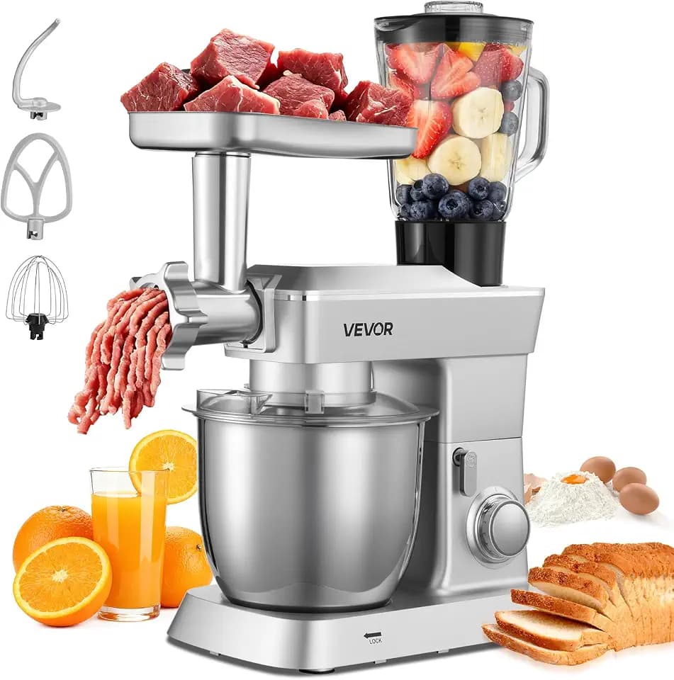 VEVOR multifunktionale Küchenmaschine elektrisch 1300 W mit Edelstahlschüssel (4,3 L) & Mixbecher (1,5 L), Knetmaschine Teigmixer mit 6+P Geschwindigkeiten & Knethaken & Schneebesen & Rührbesen