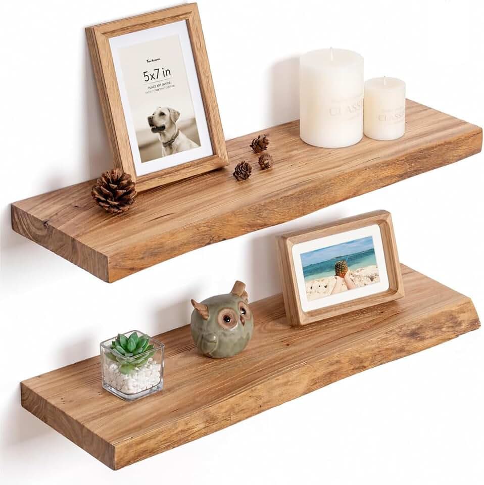Fun Memories Floating Shelves for Wall, 24"x9.3" Solid Wood Floating Live Edge Shelf, Heavy-Duty Wall Shelf with Invisible Brackets, Set of 2 for Living Room, Bedroom, and Kitchen, Natural Finish