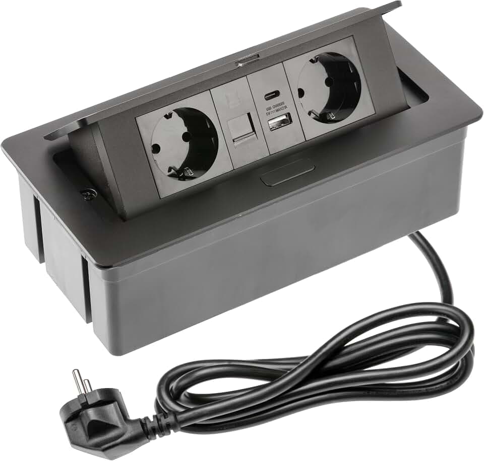 GTV – Einbausteckdose MULTISOFT schwarz mit 2X Schuko, USB A+C, RJ45, versenkbar mit Abdeckung, 1,5 m Kabel, ideal für Schreibtisch, Konferenztisch oder Küchenarbeitsplatte