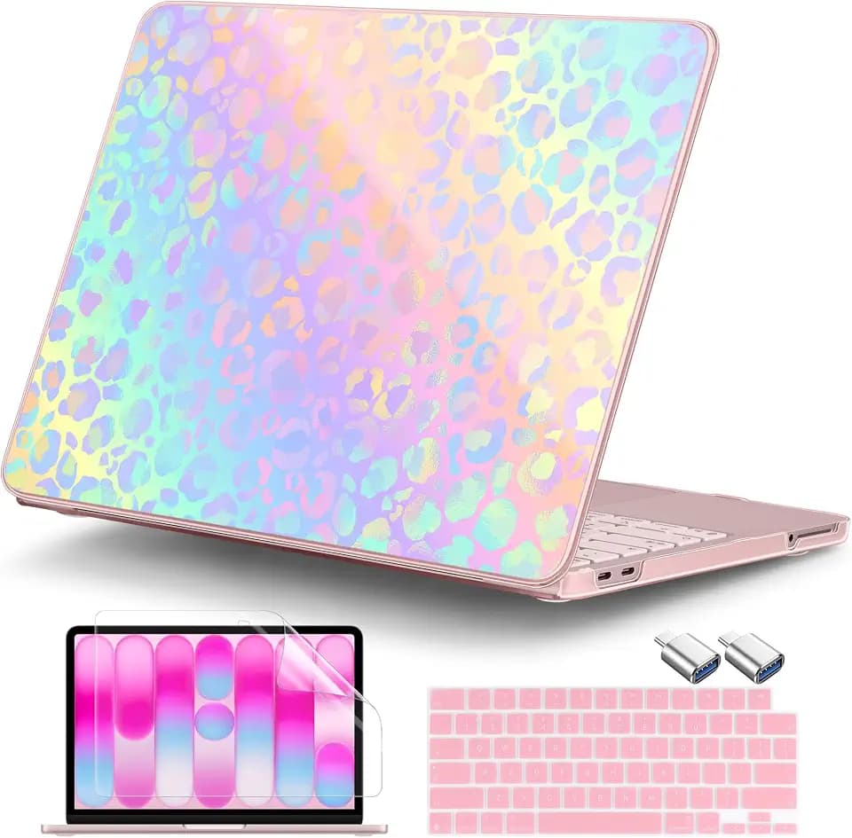 DONGKE Compatible with MacBook Neo 13 Inch Case 2026 A3404 A18 Pro chip & Touch ID, Plastic Hard Shell with Keyboard Cover, Screen Protector & Dust Plugs, Colorful Leopard