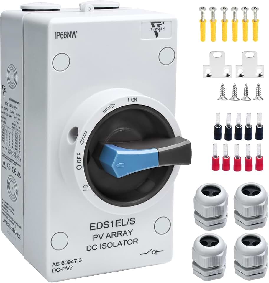 Solar Disconnect Switch 2-Pole DC 1500V 32A Isolator Solar Switch with Enclosure for Rooftop Solar Systems, RVs Waterproof IP66 Black