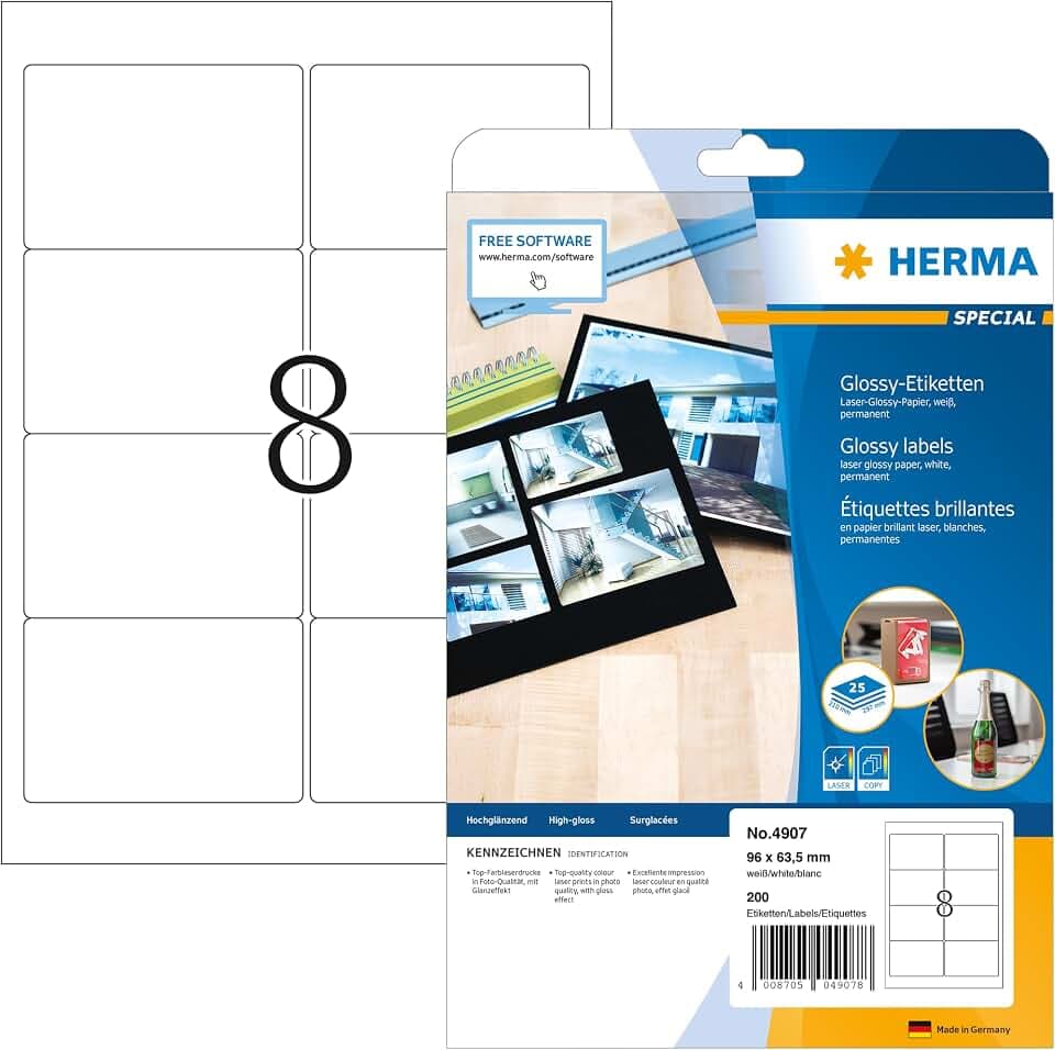HERMA 4907 Hochglanz Etiketten, 25 Blatt, 96 x 63,5 mm, 8 pro A4 Bogen, 200 Stück, selbstklebend, bedruckbar, glänzend, blanko Glossy Papier Klebeetiketten Aufkleber, weiß