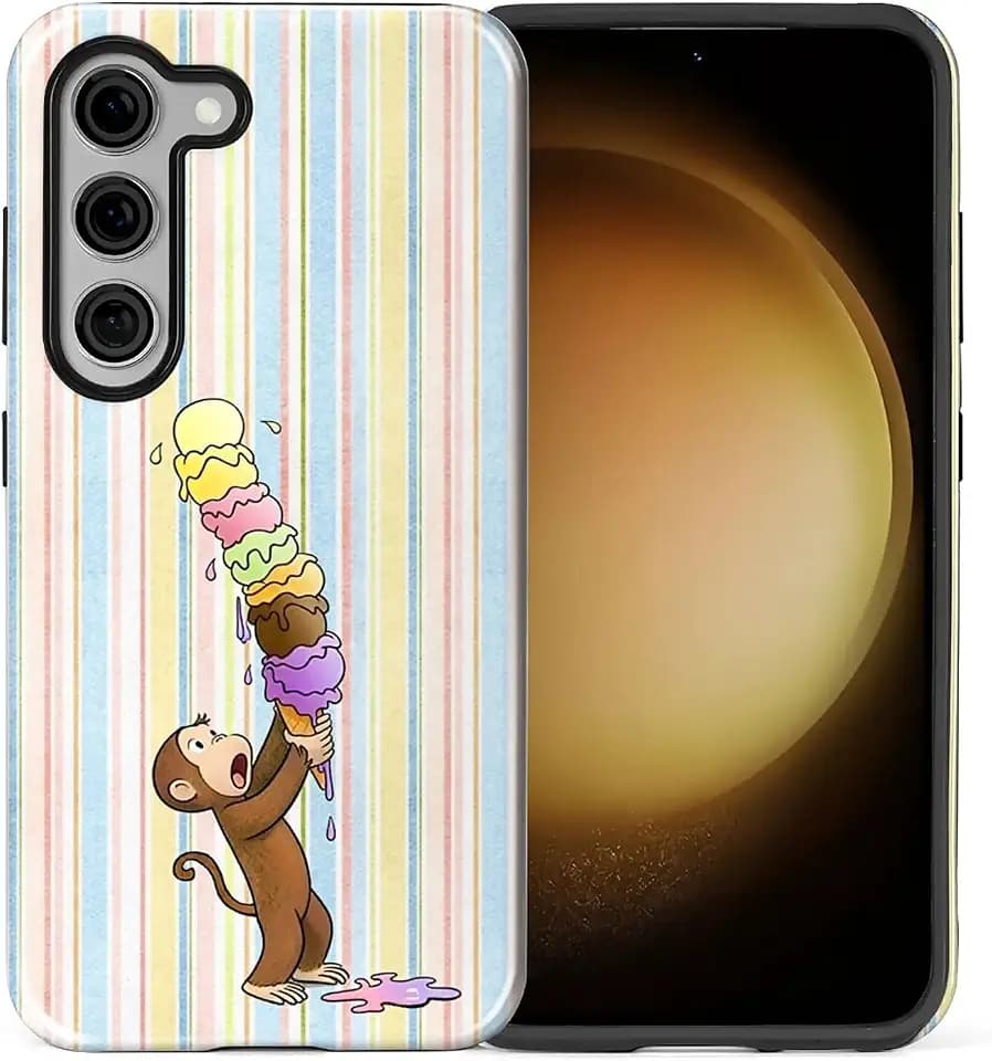 for Samsung Galaxy S23 Case,Dual-Layer TPU Silicone + PC Hard,Shockproof and Scratch-Resistant Phone Case Colorful Stripes A Monkey Eating Ice Cream