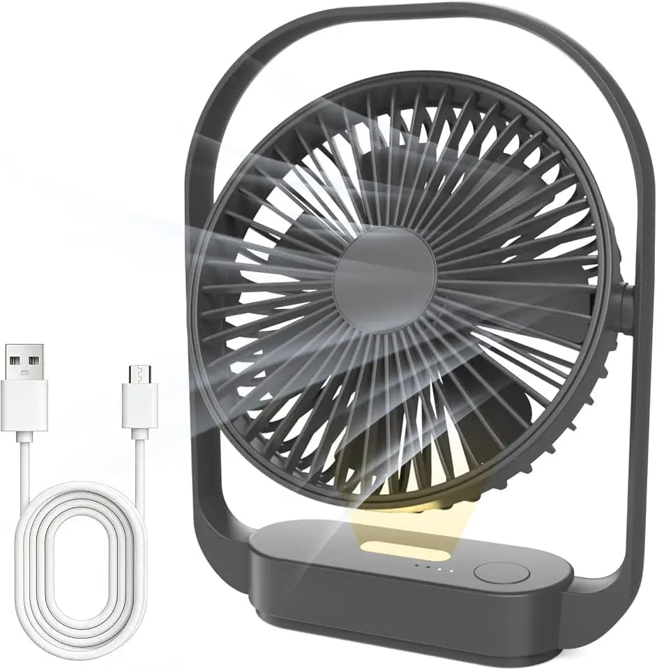 SURFOU Ventilator 4000mAh Akku, Kabelloser Tischventilator mit 4 Stufen und 2 Nachtlicht-Modi, USB-C Wiederaufladbar, Bis zu 20 Std. Laufzeit, für Schlafzimmer, Nachttisch, Büro und Reisen, Schwarz