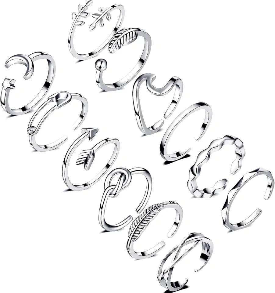 FUNEIA 12 Stücke Verstellbare Ringe Damen 14 Karat Vergoldete Gold Silber Rosegold Ring set Knöchelringe Daumenringe Set Rose Mond Stern Stapelbare Ringe Offene Fingerringe Frauen Mädchen (Silber1)
