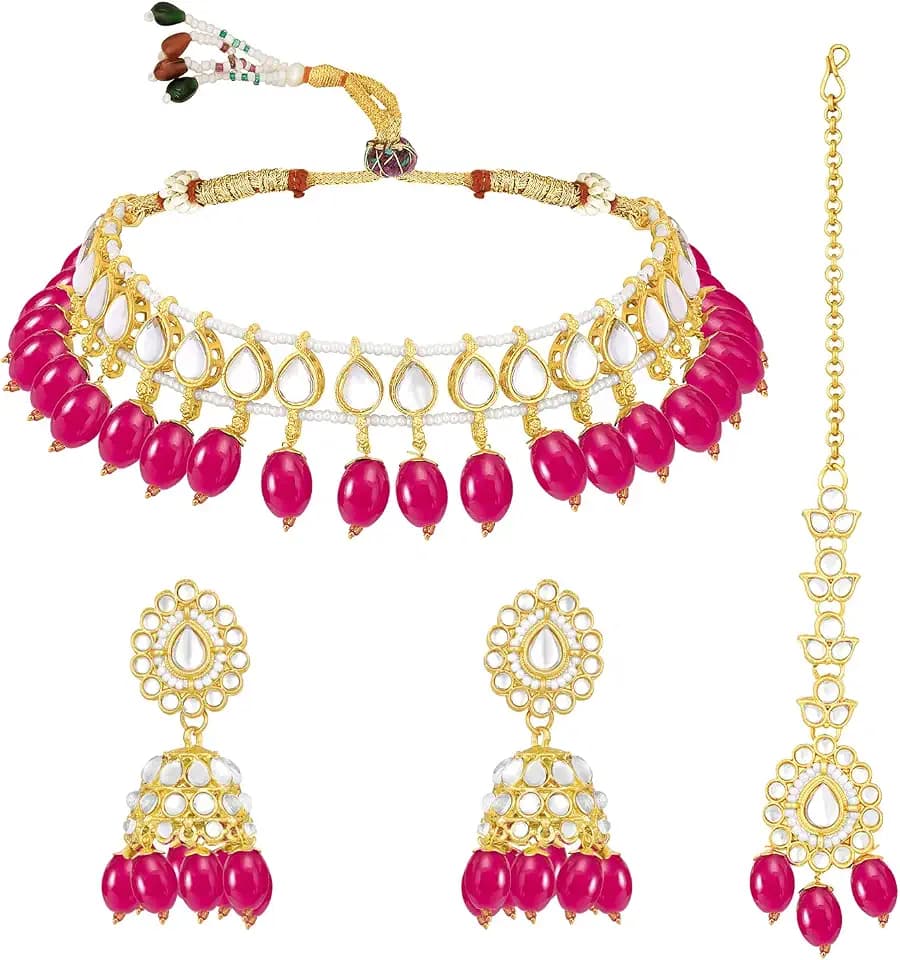 Aheli Kundan Studded Choker Necklace Jhumki Earrings & Maang Tikka Ethnic Fashion Bharatanatyam jewellery set Gift for Women