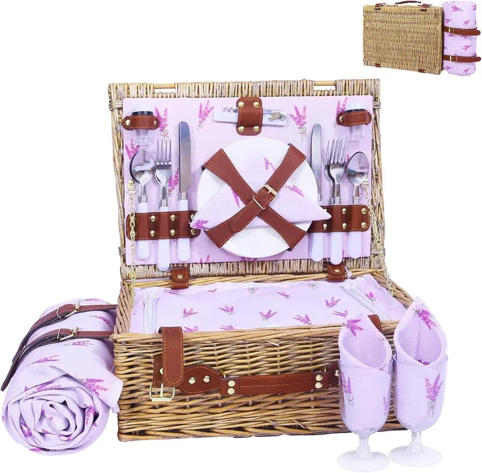 Neti Neti Wicker Picnic Basket for 4, Insulated Set with Blanket