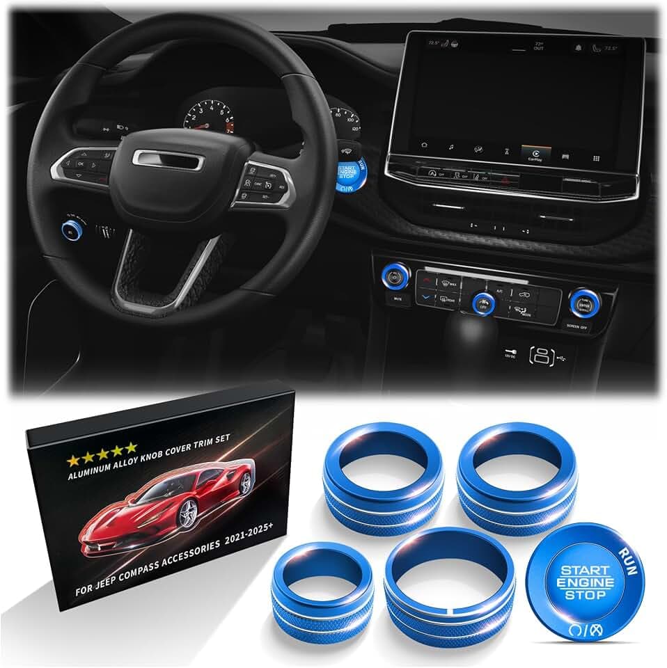 Polodunn for Jeep Compass Accessories 2022 2023 2024 2025 2026, Interior Upgrade Aluminum Alloy Knob Cover Kit (Blue, 6-Piece/Set) - A/C, Volume Dial, Headlight Switch & Push Start Button