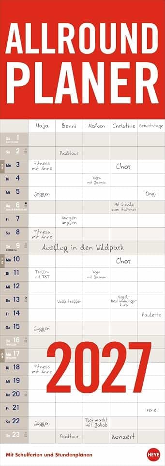 Allround-Familienplaner Vertical Kalender 2027: Praktischer Wandplaner mit 5 Spalten. Großer Familien-Wandkalender mit Schulferien und 3 Stundenplänen. Terminkalender 2027.