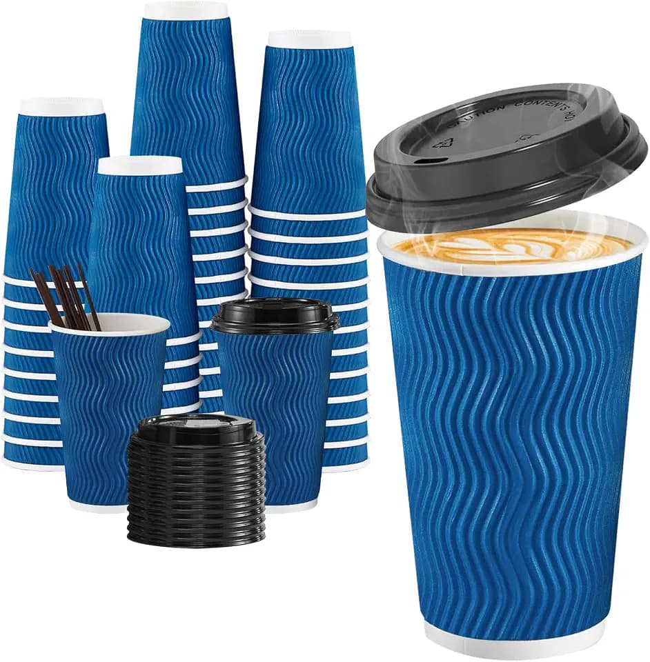 SIUQ 90 Pack 16 oz Disposable Coffee Cups with Lids and Straws - Navy