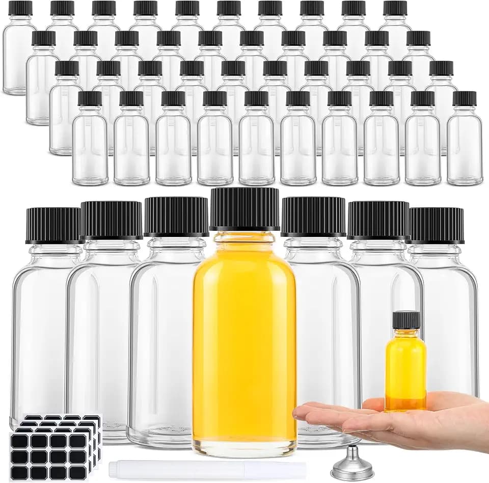 Hsei 48 Pcs 1 oz Glass Bottle with Black Cap Clear Boston Round Bottle