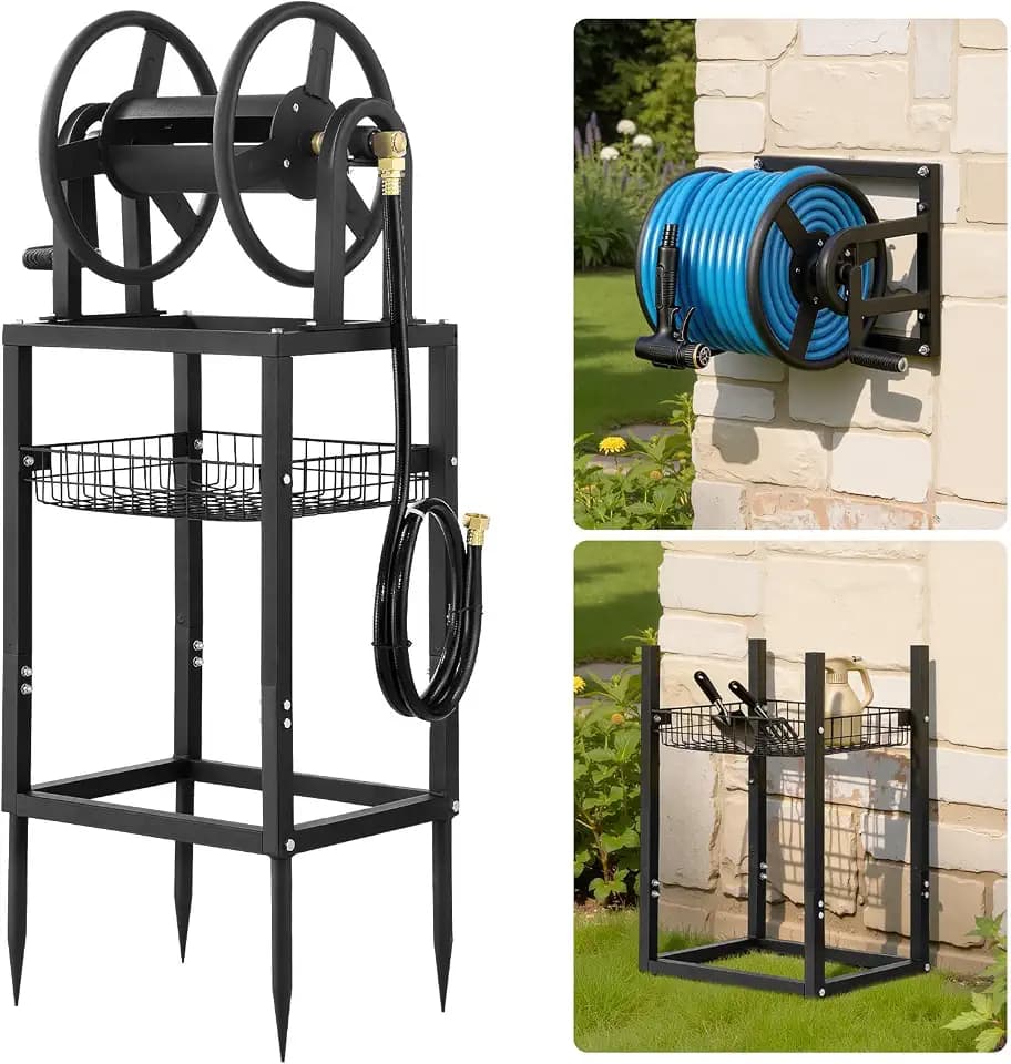 VEVOR Freestanding Garden Hose Reel, Holds 125 Feet of 5/8-inch Hose, Wall Mount or Ground Mount, Detachable Holder Stand with Storage Rack, 5 ft Leader Hose, Brass Fitting, 4 Spikes, for Backyards