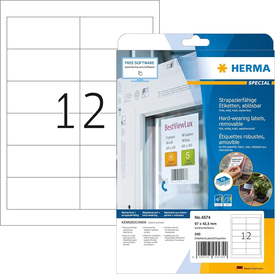 HERMA 4574 Wetterfeste Folienetiketten ablösbar, 20 Blatt, 97 x 42,3 mm, 12 pro A4 Bogen, 240 Stück, selbstklebend, bedruckbar, matt, blanko Klebeetiketten Aufkleber aus Folie, weiß