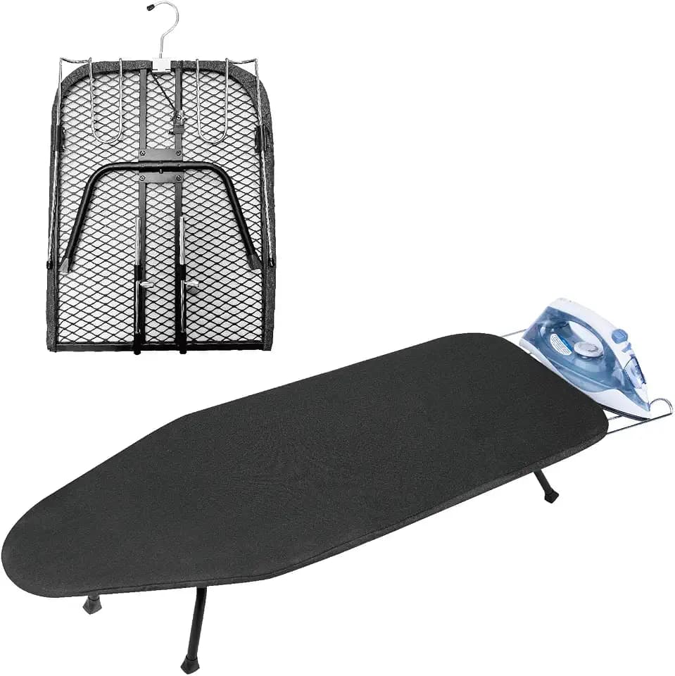 Metal Mesh Panel Tabletop Ironing Board with Iron Rest, Portable Ironing Board Small with Heat Resistant Cotton, Mini Iron Board for Small Space, 31.5x11.8x6.2IN, Black
