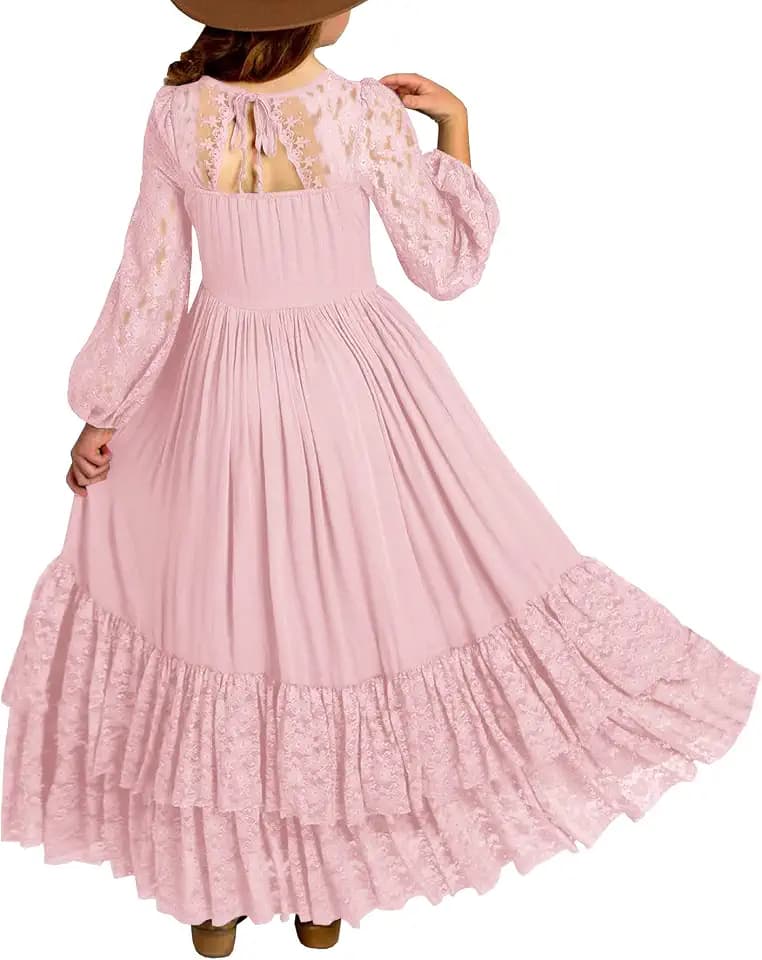 MITILLY Girls Fall Boho Flower Long Sleeve Party Maxi Dress for 6-12 Years