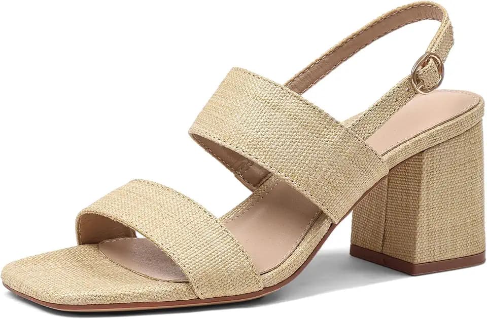 Ancomafio Women's Heeled Sandals Block Chunky Heels Square Open Toe Heels Ankle Strap Casual Sandals Summer Vacation Dress Shoes
