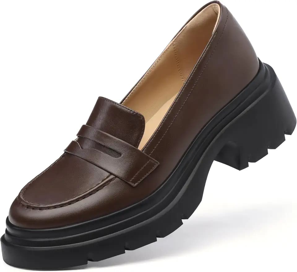 FEMSTEP Women Loafers, Platform Chunky Heeled Penny Loafers Women's Lightweight Slip On Shoes for Women Business Casual, Comfortable Work Office Dress Shoes for Womens