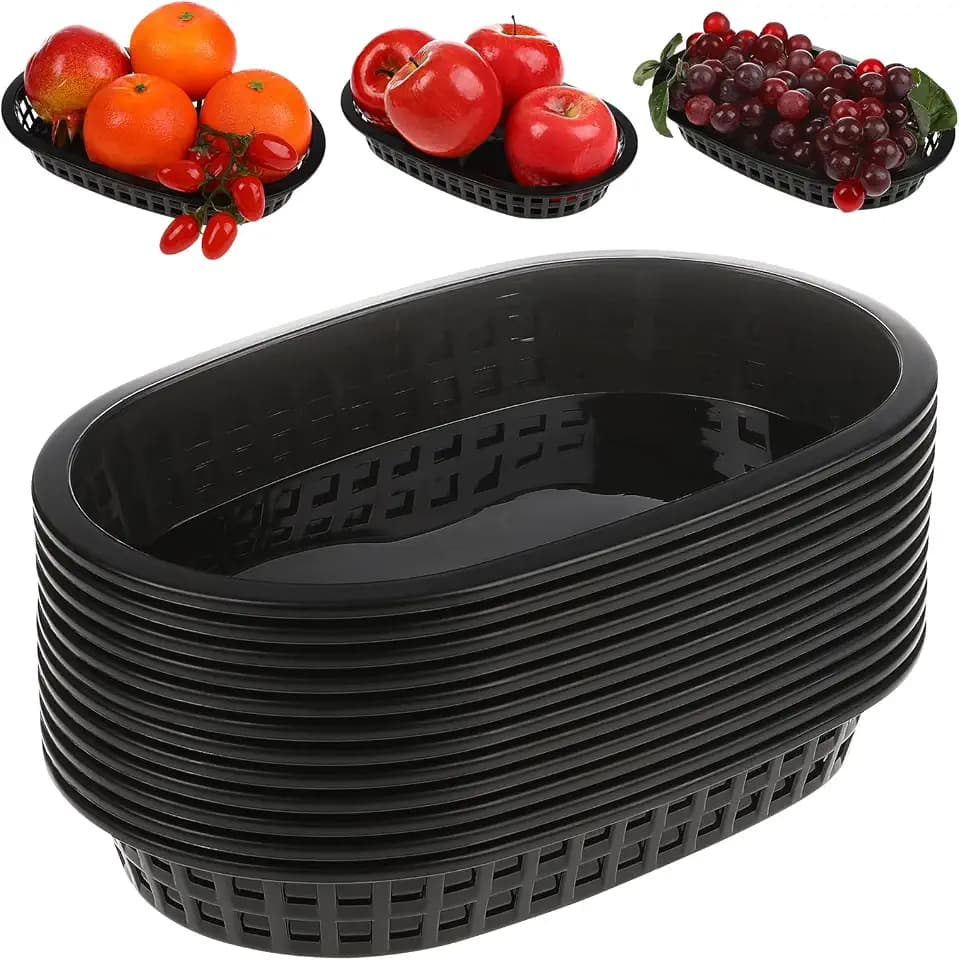 12 Stück Kunststoff Fast Food Basket, Oval Fruit Basket Burger Hotdog French Fries Baskets Restaurant Serviertablett Snack Bread Platter for Birthday Party Picknick Barbecue (Black)