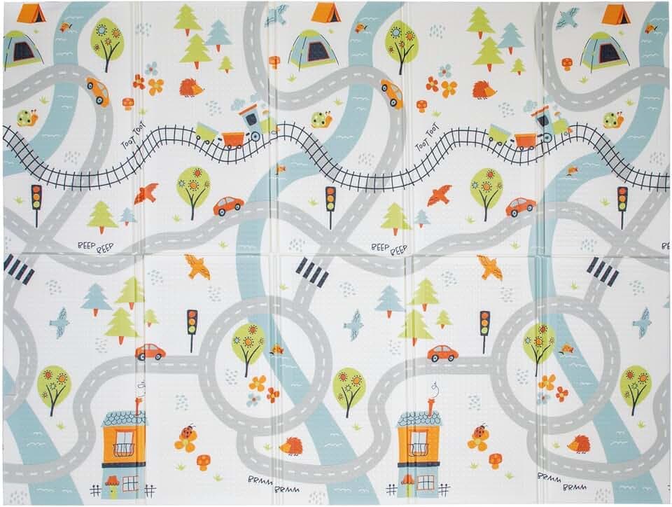 Nuby Faltbare Wende-Krabbelmatte Baby, 150 x 200 cm, XXL, ab Geburt, Straße | Wasserdichte Spielmatte Baby, leicht zu reinigen, 2 Designs, faltbar zur Aufbewahrung, ideal für sicheres Spielen & Krabbeln