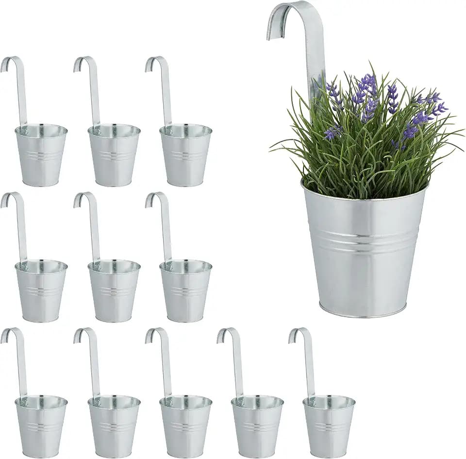 Relaxdays Hängetöpfe, 12er Set, Geländertöpfe aus Metall, HBT: 30 x 13 x 20 cm, verzinkte Balkonblumentöpfe, Silber